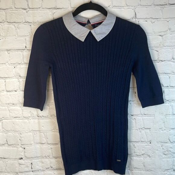 Tommy Hilfiger Navy Blue Short Sleeve Sweater with blue and white collar, xxs - Picture 1 of 8